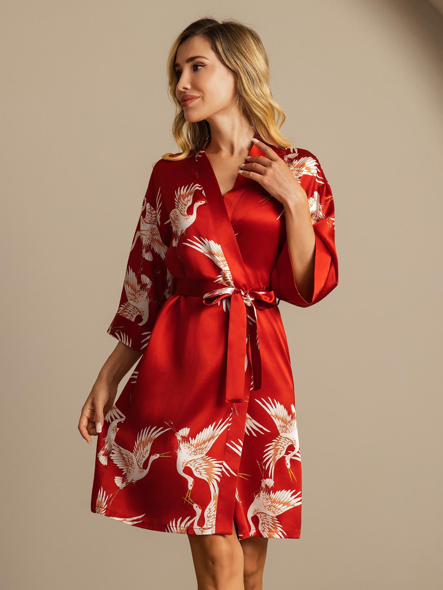 19Momme Pure Silk Crane Print Belted Wrap Women's Kimono Robe