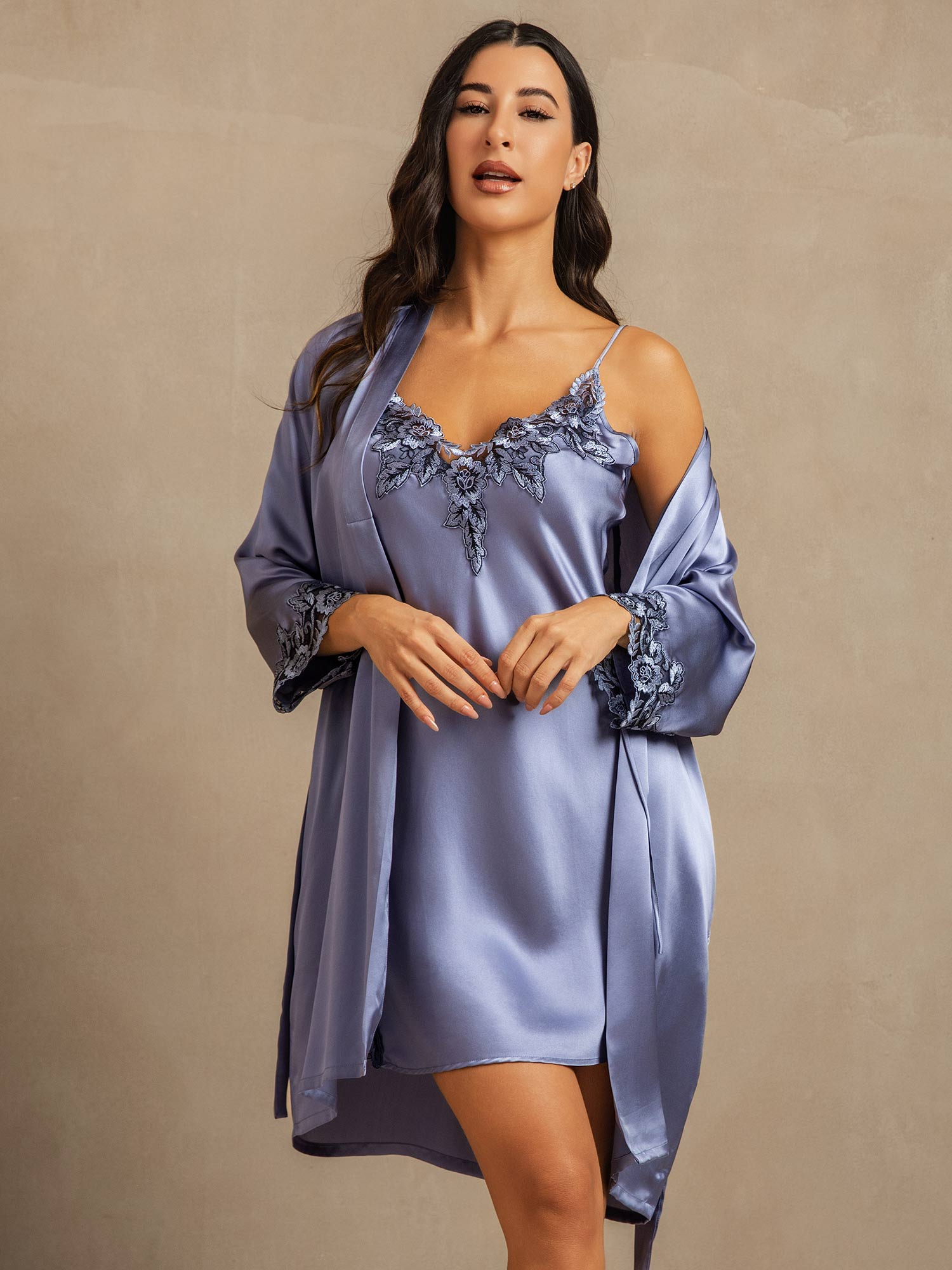 [Steel Blue] SilkSilky  Nightgown&Robe Set 003,