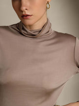 [Khaki] SilkSilky  Silk Jersey Long Sleeve Turtle Neck Women's T-Shirt 007