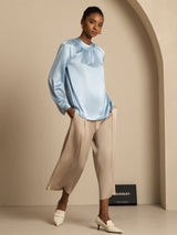 [Grayish Blue] SilkSilky  19Momme Stretch Silk Charmeuse Long Sleeve Round Neck Blouse 007