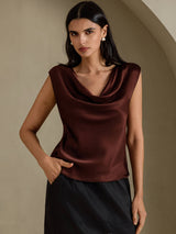 [Bitter Chocolate] SilkSilky  Cap Sleeve Cowl Neck Women's T-Shirt 005