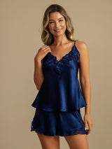 [Dark Blue] SilkSilky  Spaghetti Strap V Neck Camisole Set 003