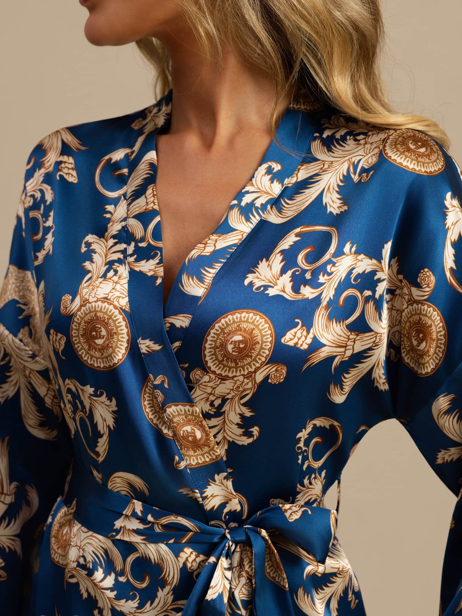 [Navy Dragon] SilkSilky  3/4 Sleeve V Neck Women's Robe 003