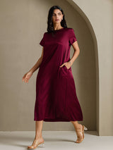 [Dark Red] SilkSilky  Short Sleeve Crew Neck Dress 007