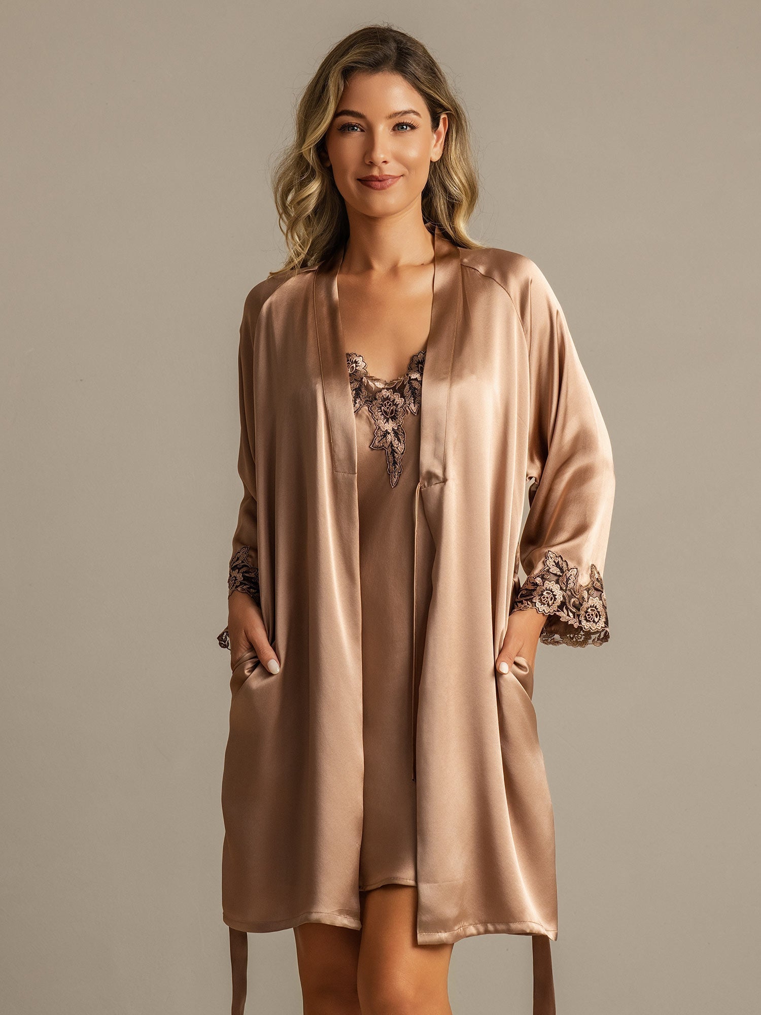[Brown] SilkSilky  Nightgown&Robe Set 003,