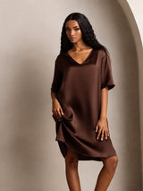 [Brown] SilkSilky  Half Sleeve V Neck Nightgown 001