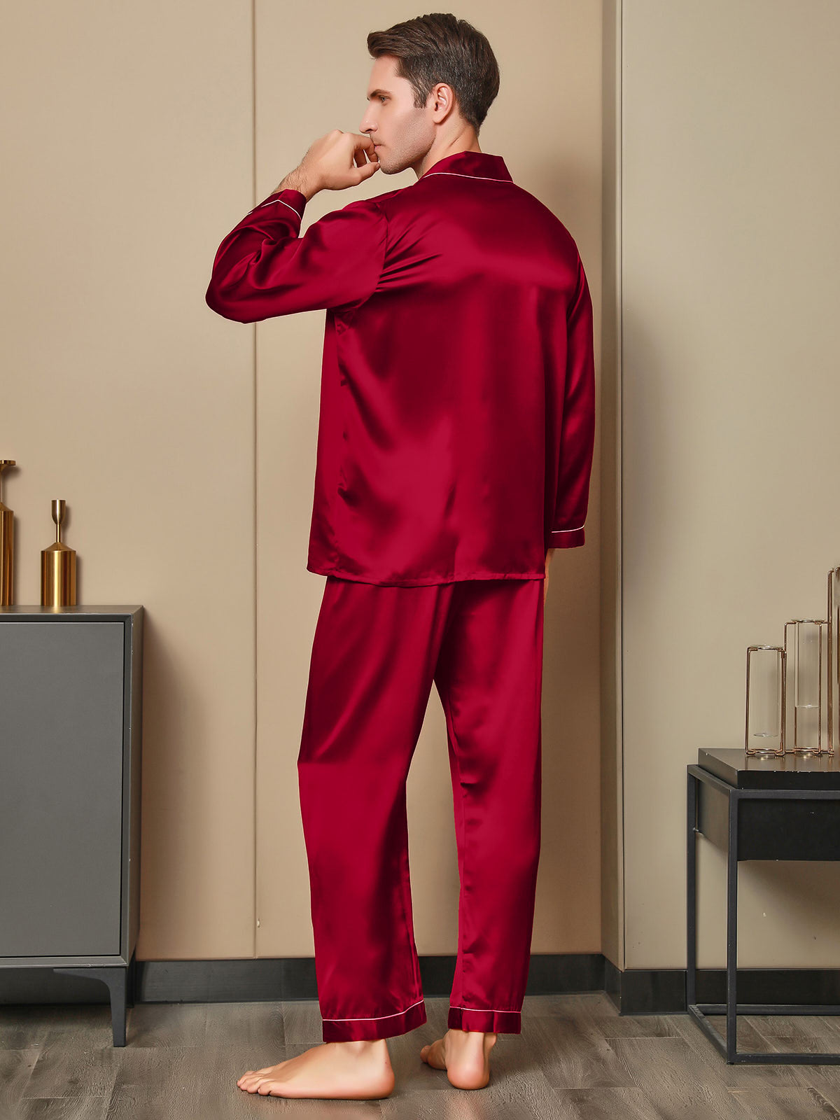 SilkSilky US 19Momme Pure Silk Long Sleeve Lapel Men's Pajamas Red 002