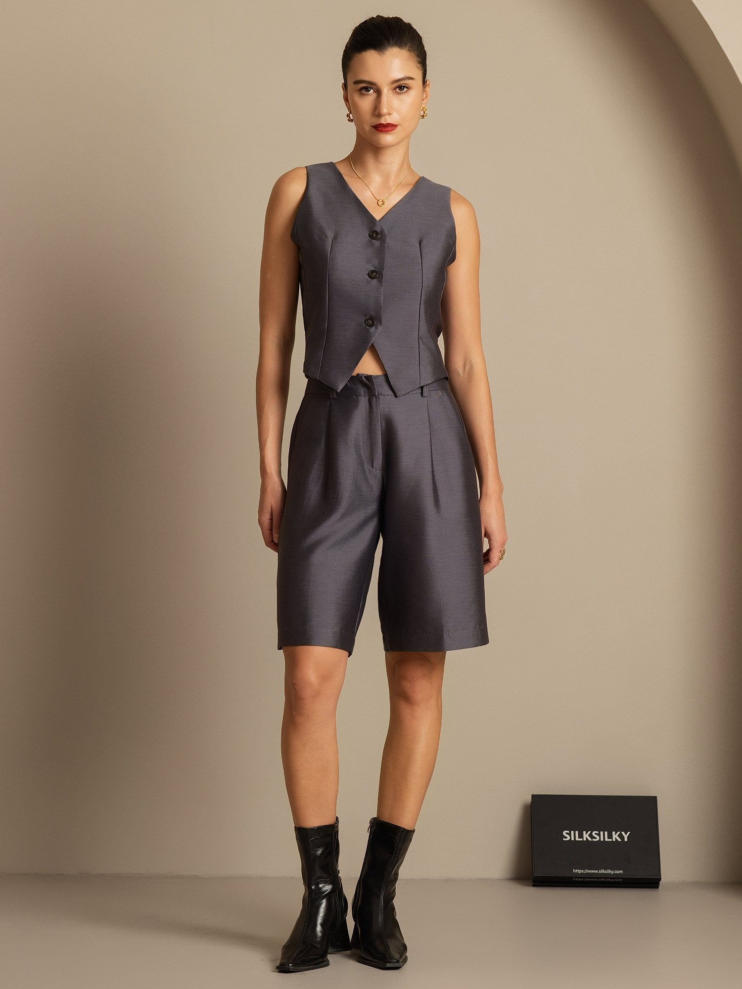 [Gray] SilkSilky  32Momme Silk V Neck Women's Vest 001,