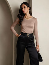 [Coffee] SilkSilky  Silk Jersey Long Sleeve Round Neck Women's T-Shirt 004