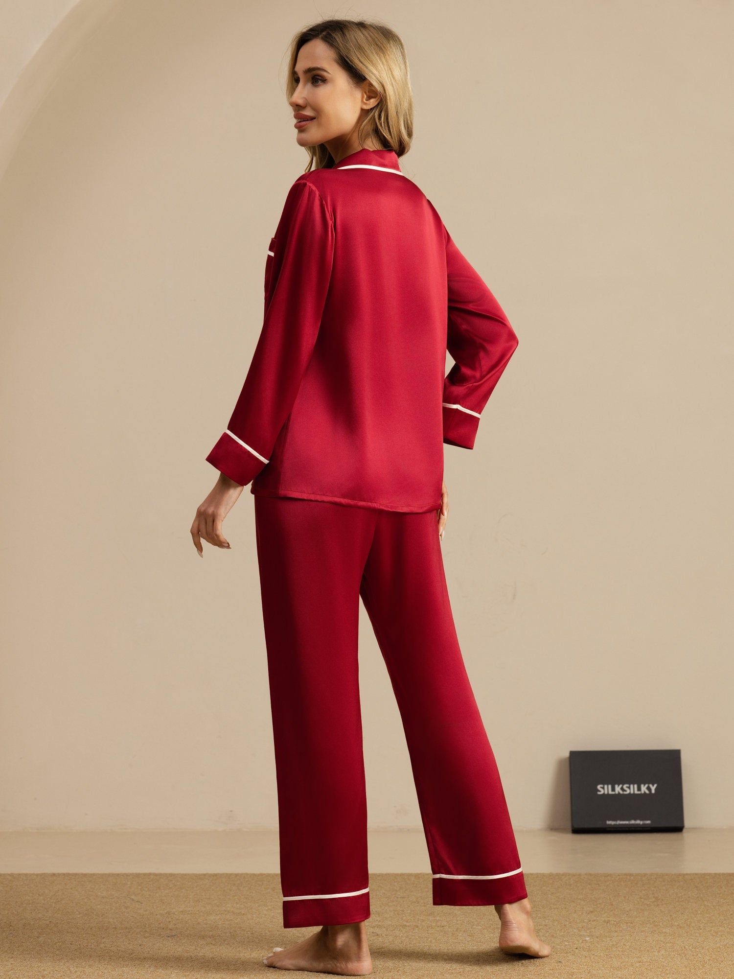 [Wine] SilkSilky  Long Sleeve Notch Collar Women's Pajamas 002