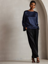[Dark Blue] SilkSilky  19Momme Stretch Silk Charmeuse Long Sleeve Boat Neck Blouse 006