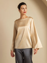 [Champagne] SilkSilky  19Momme Stretch Silk Charmeuse Long Sleeve Boat Neck Blouse 004