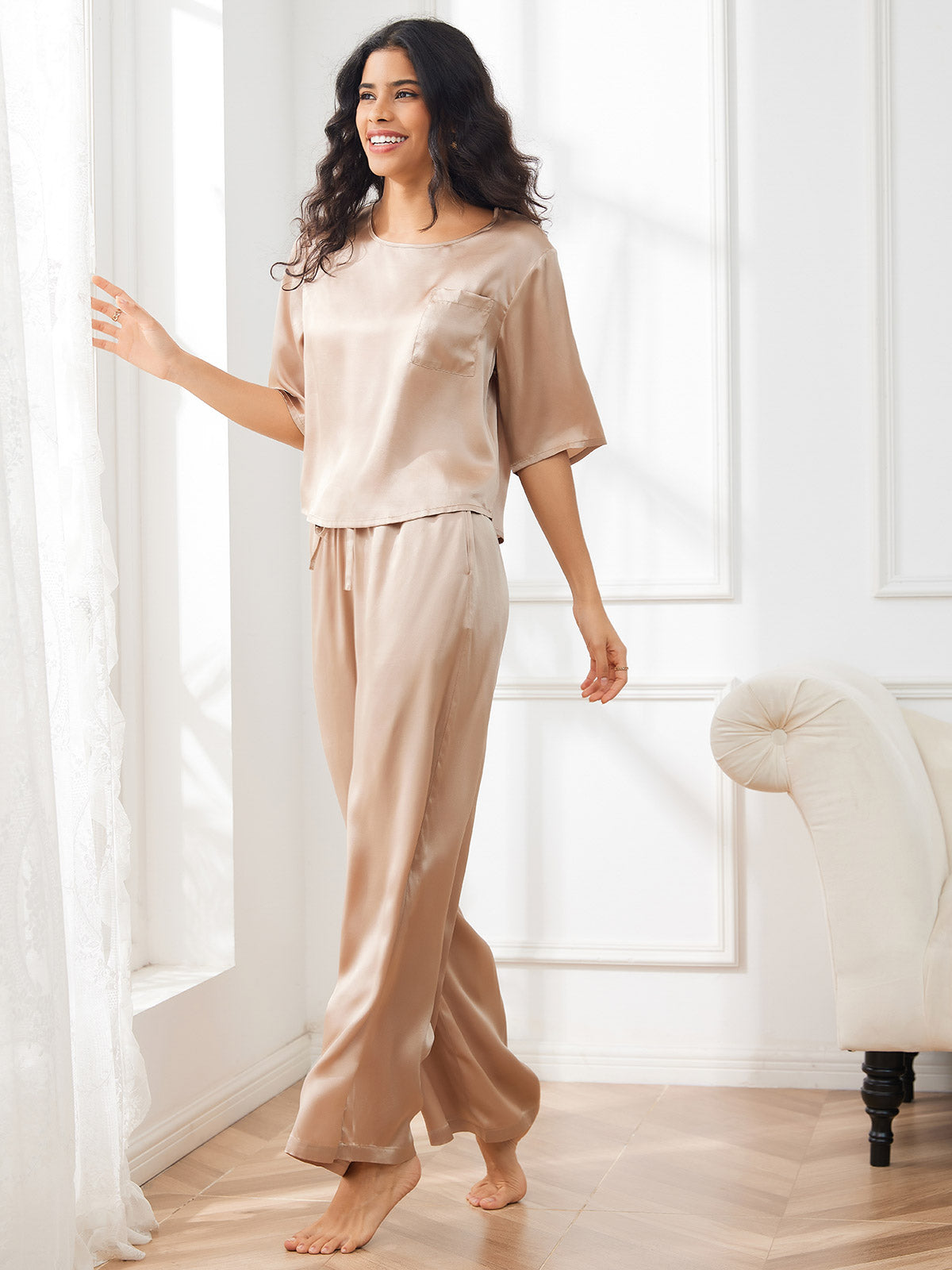 [Champagne] SilkSilky  Half Sleeve Round Neck Women's Pajamas 004