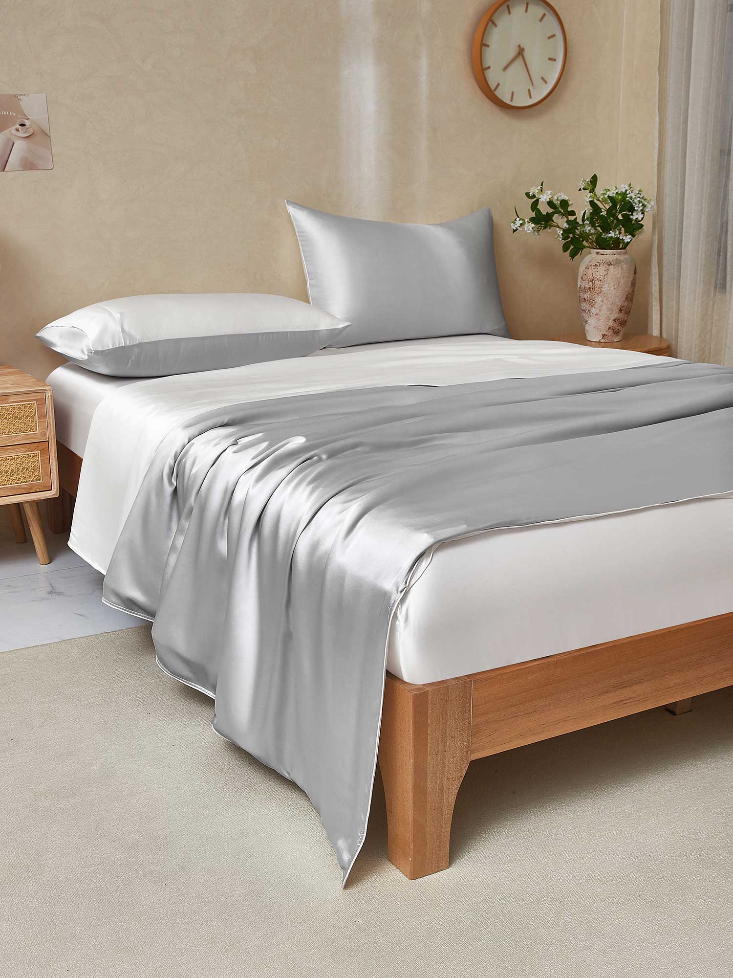 [LightGray+White] SilkSilky  25Momme Pure Silk Bedding Set 003,