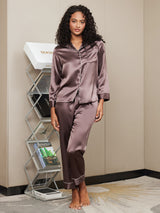 [Coffee] SilkSilky  Long Sleeve Notch Collar Women's Pajamas 003