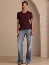 [Wine] SilkSilky  Short Sleeve V Neck Women's T-Shirt 005