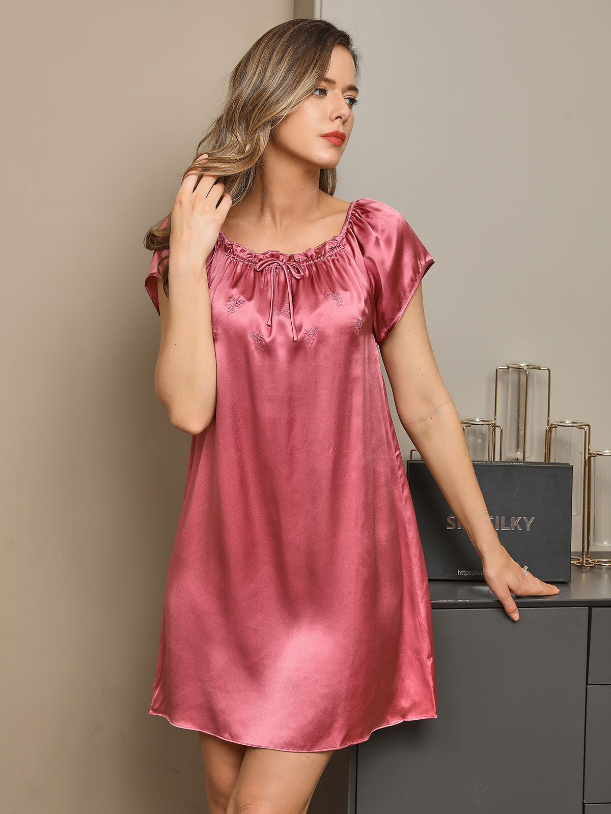 [Pale Mauve] SilkSilky  Cap Sleeve Square Neck Nightgown 001
