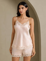 [Pink] SilkSilky  Spaghetti Strap V Neck Camisole Set 001