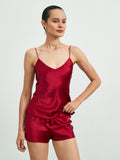 SilkSilky  Pure Silk Sleeveless V Neck Camisole Set DarkRed 001