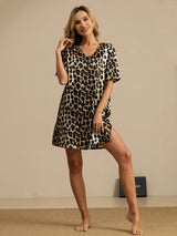 [Leopard] SilkSilky  Silk Short Sleeve V Neck Nightgown 007
