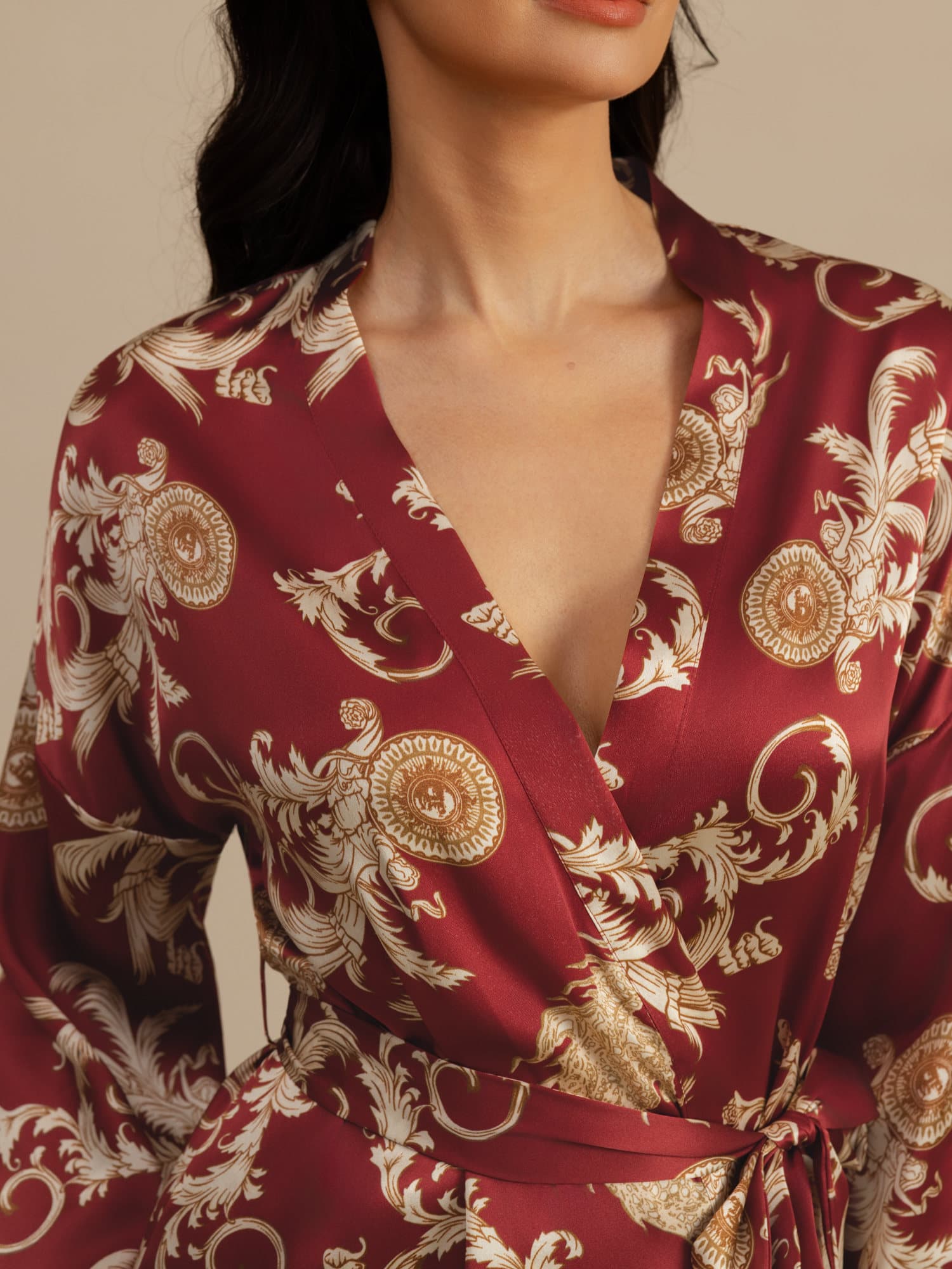 [Wine Dragon] SilkSilky  3/4 Sleeve V Neck Women's Robe 006
