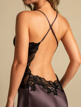 [Dark Brown] SilkSilky  Spaghetti Strap V Neck Nightgown 005