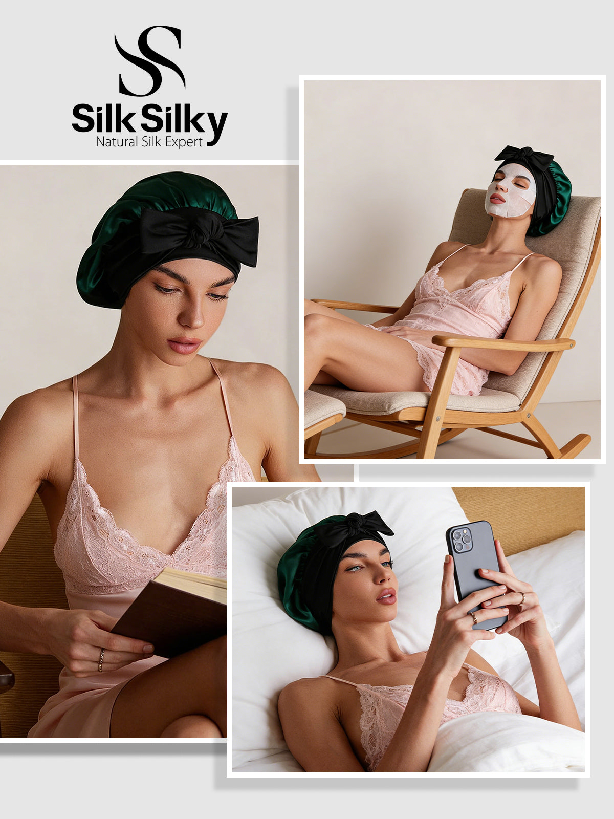 [Dark Green] SilkSilky  Pure Silk Sleep Cap 005