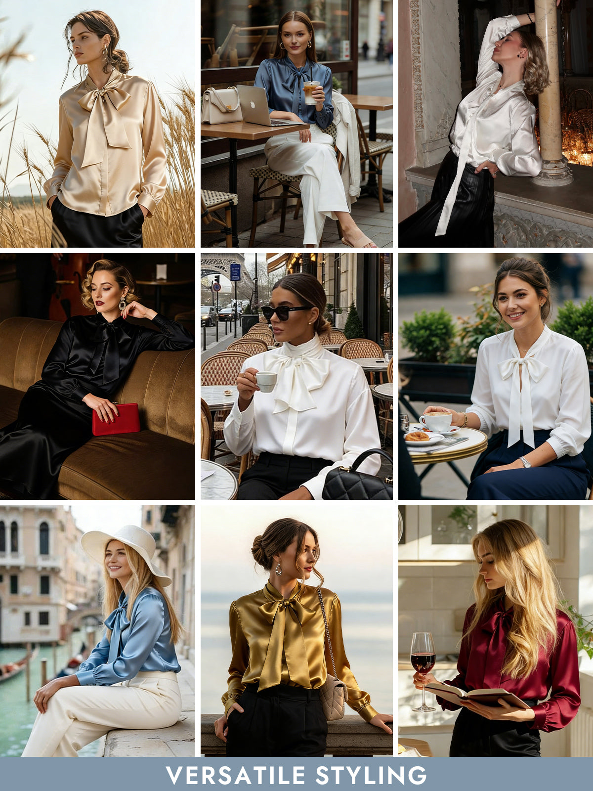 [Grayish Blue] SilkSilky  19Momme Silk Long Sleeve Tie Neck Blouse 009