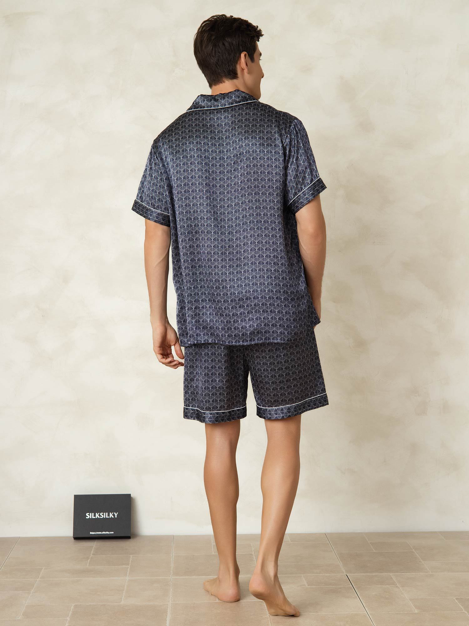 [Navy Ginkgo] SilkSilky  Short Sleeve Notch Collar Men's Pajamas 002