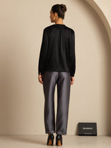 Black 19 Momme silk blouse with gathered round neck and long sleeves
