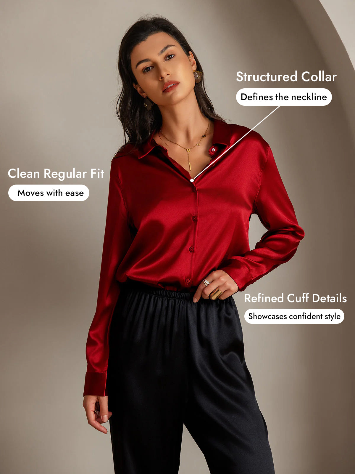 [Red] SilkSilky  Silk Long Sleeve Lapel Collar Women's Shirt 005