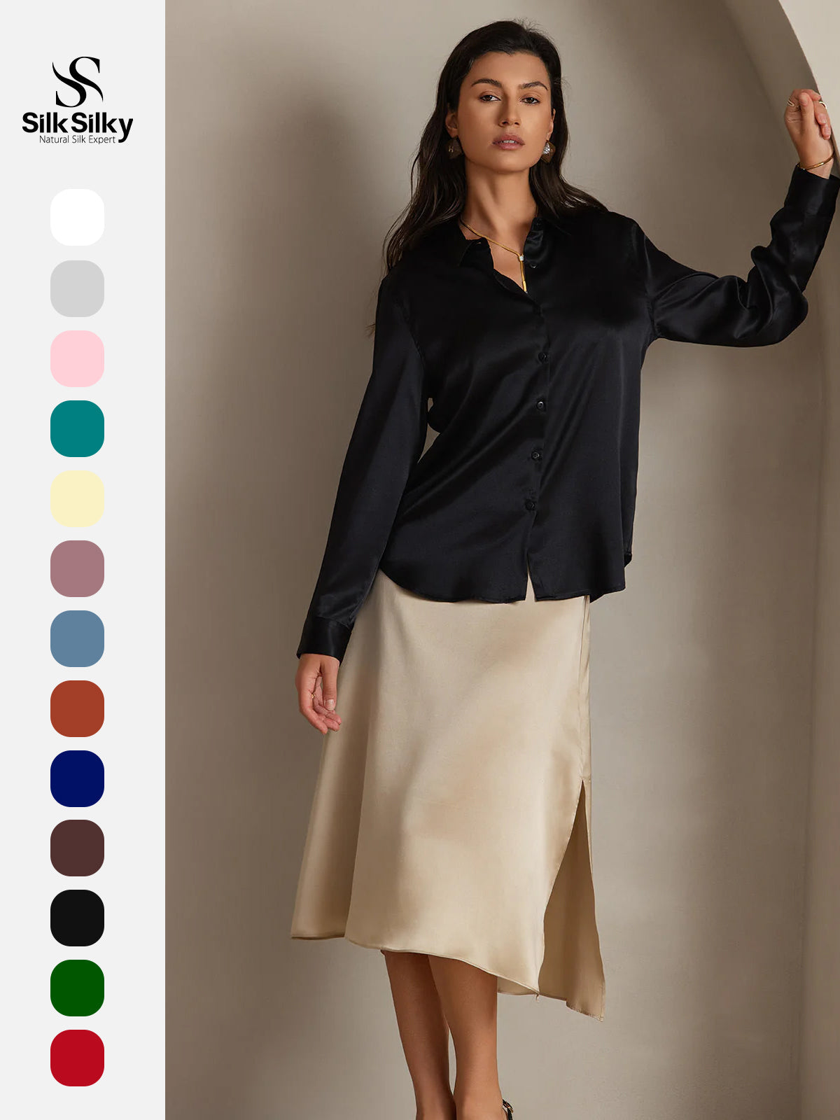 [Black] SilkSilky  Silk Long Sleeve Lapel Collar Women's Shirt 001