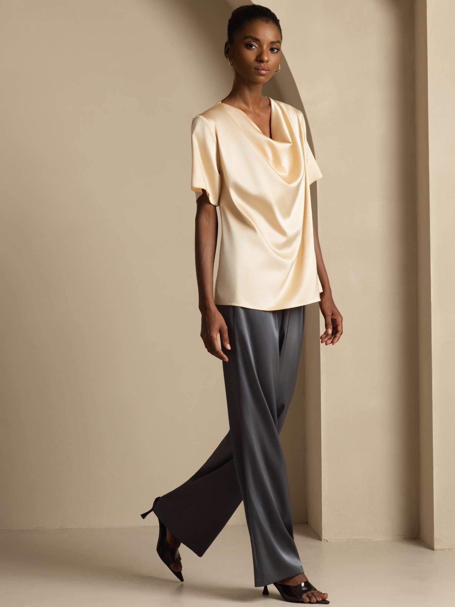 [Champagne] SilkSilky  19Momme Silk Short Sleeve Cowl Neck Blouse 007