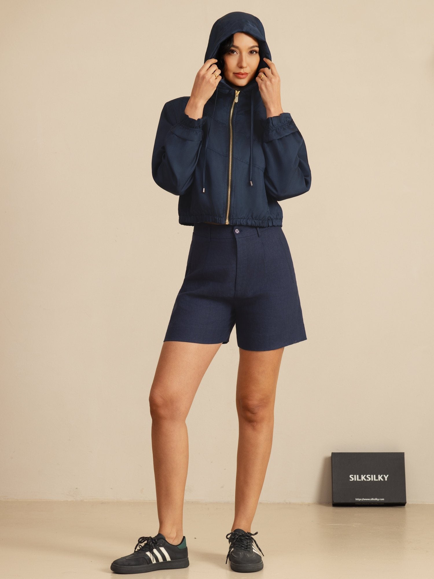 [DarkBlue] SilkSilky 18Momme Silk Satin Surah Long Sleeve High Neck Women's Outerwear 008