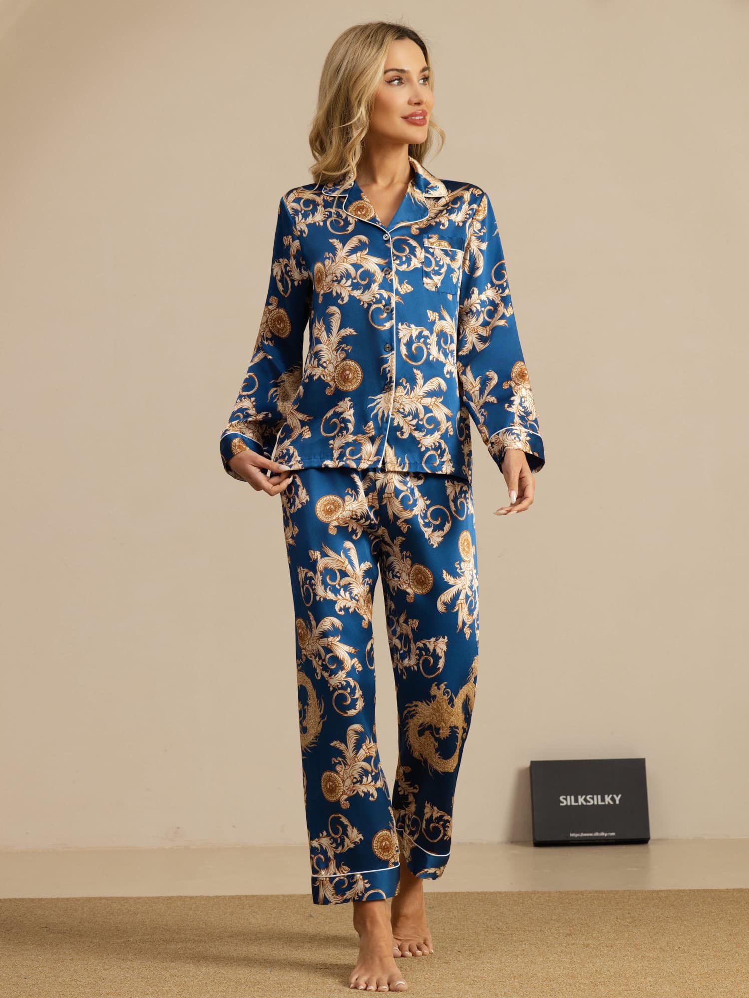 [Navy Dragon] SilkSilky  Long Sleeve Notch Collar Women's Pajamas 004