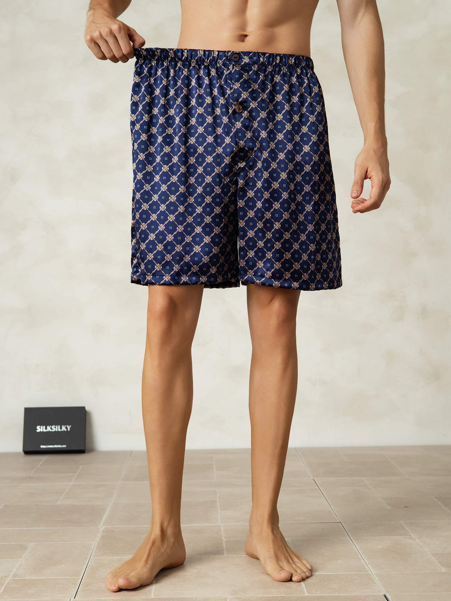 [Navy Chain] SilkSilky  Pure Silk Mens Sleep Bottoms 005,