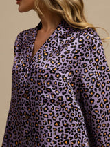 [Purple Leopard] SilkSilky  Long Sleeve Notch Collar Nightshirt 005
