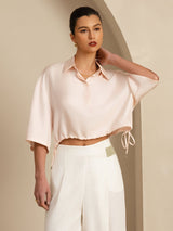 [Pink] SilkSilky  18Momme Silk Satin Surah Half Sleeve Lapel Collar Blouse 003
