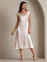 [Pink] SilkSilky  19Momme Stretch Silk Charmeuse Cap Sleeve Scoop Neck Dress 003