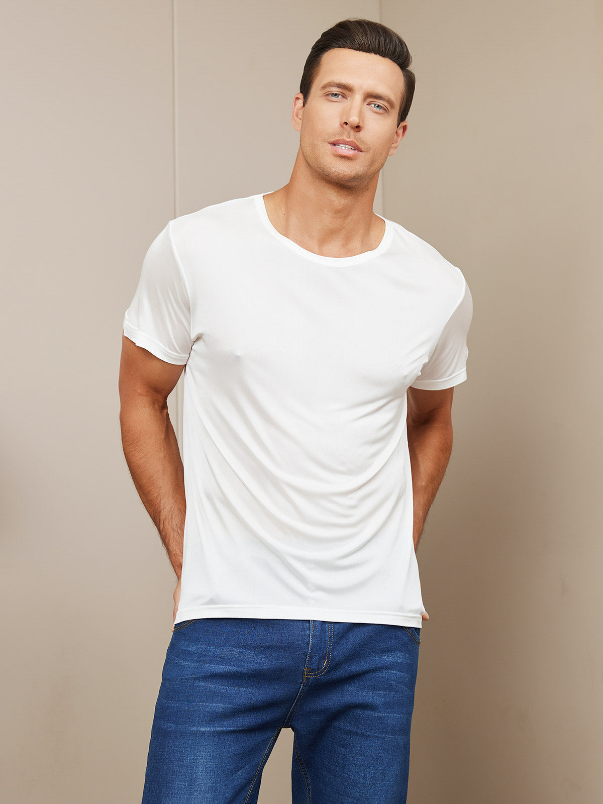 SilkSilky  Silk Knitted Short Sleeve Round Neck Men's T-Shirt White 004