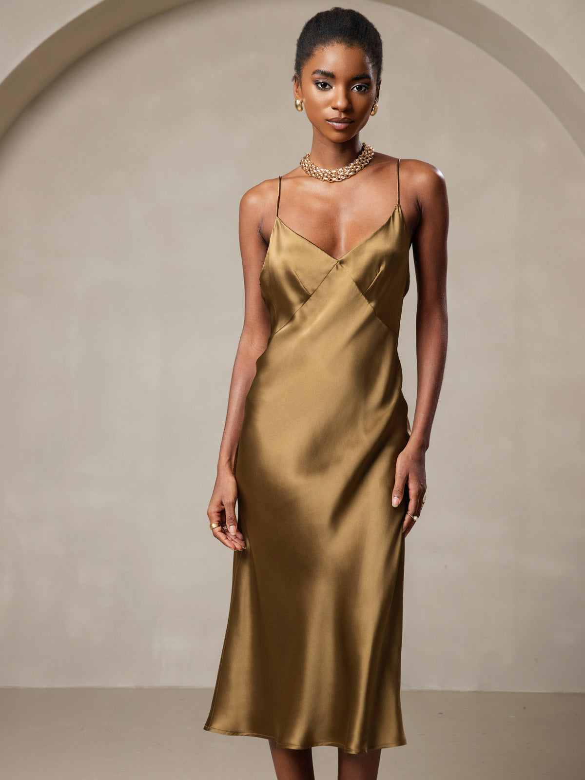 [Brown] SilkSilky  19Momme Pure Silk V Neck Dress 004