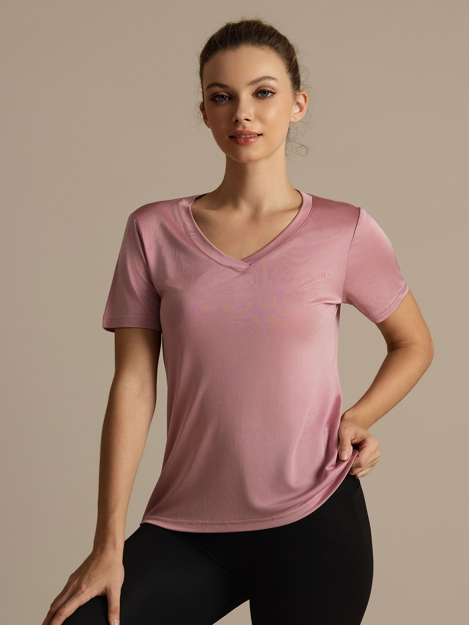 [Pale Mauve] SilkSilky  Short Sleeve V Neck Women's T-Shirt 002