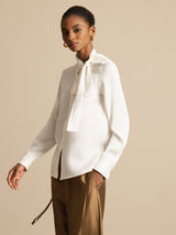 [White] SilkSilky  Long Sleeve Tie Neck Blouse 006