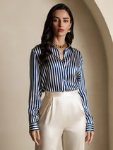 [Navy Stripe] SilkSilky  Long Sleeve Lapel Collar Women's Shirt 003