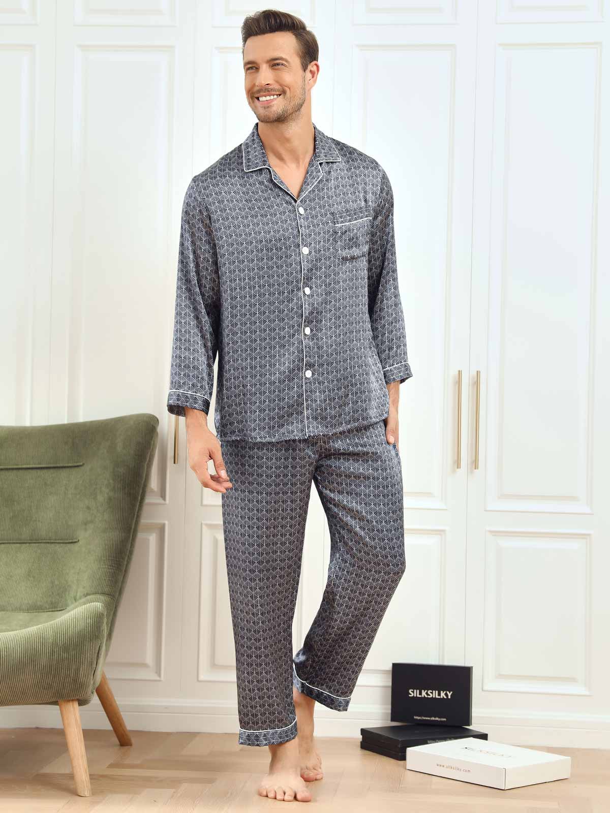 SilkSilky US 19Momme Pure Silk Long Sleeve Lapel Men's Pajamas DarkBlue 005