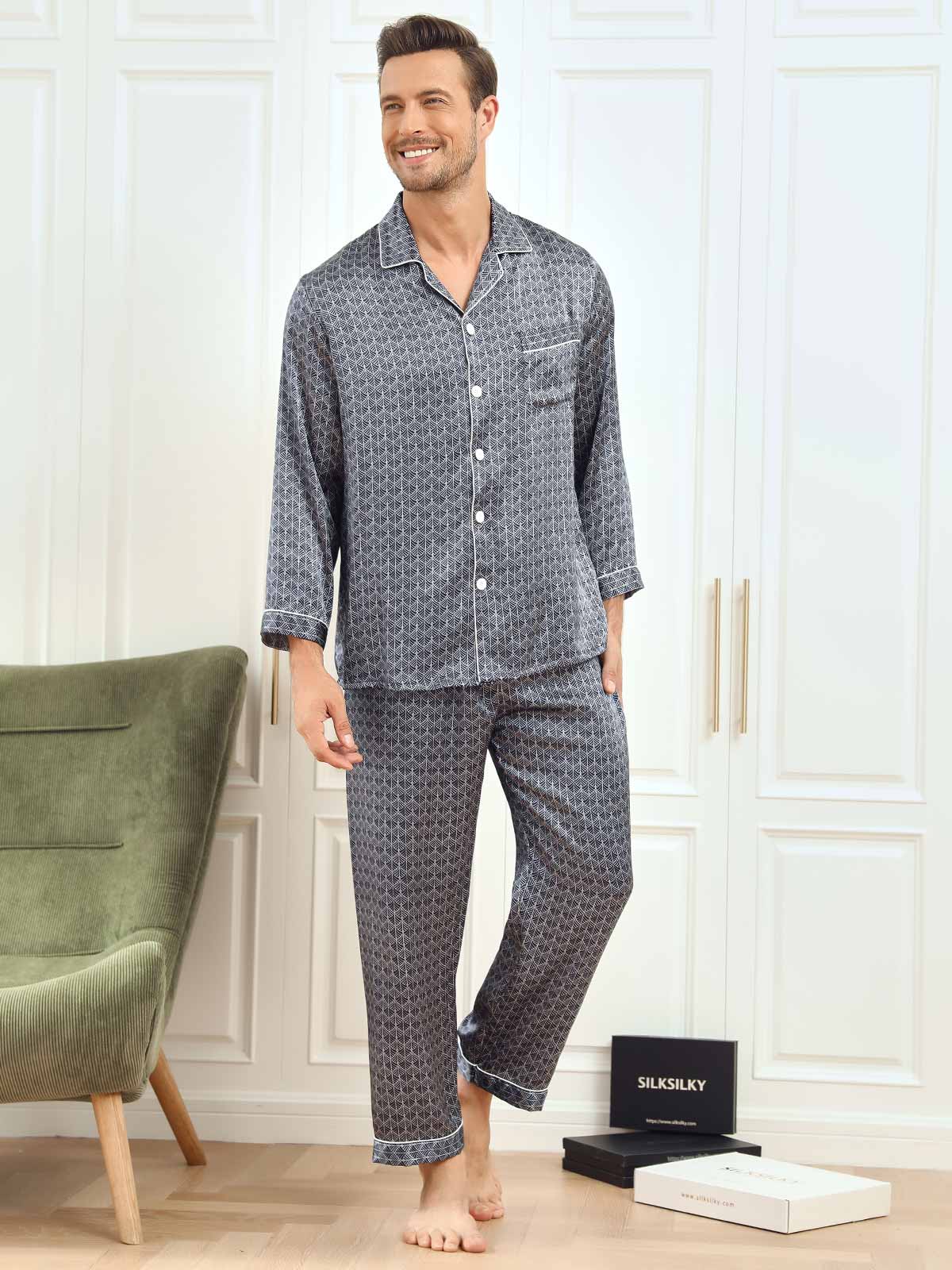 [Navy Ginkgo] SilkSilky  19Momme Pure Silk Mens Pajamas 005
