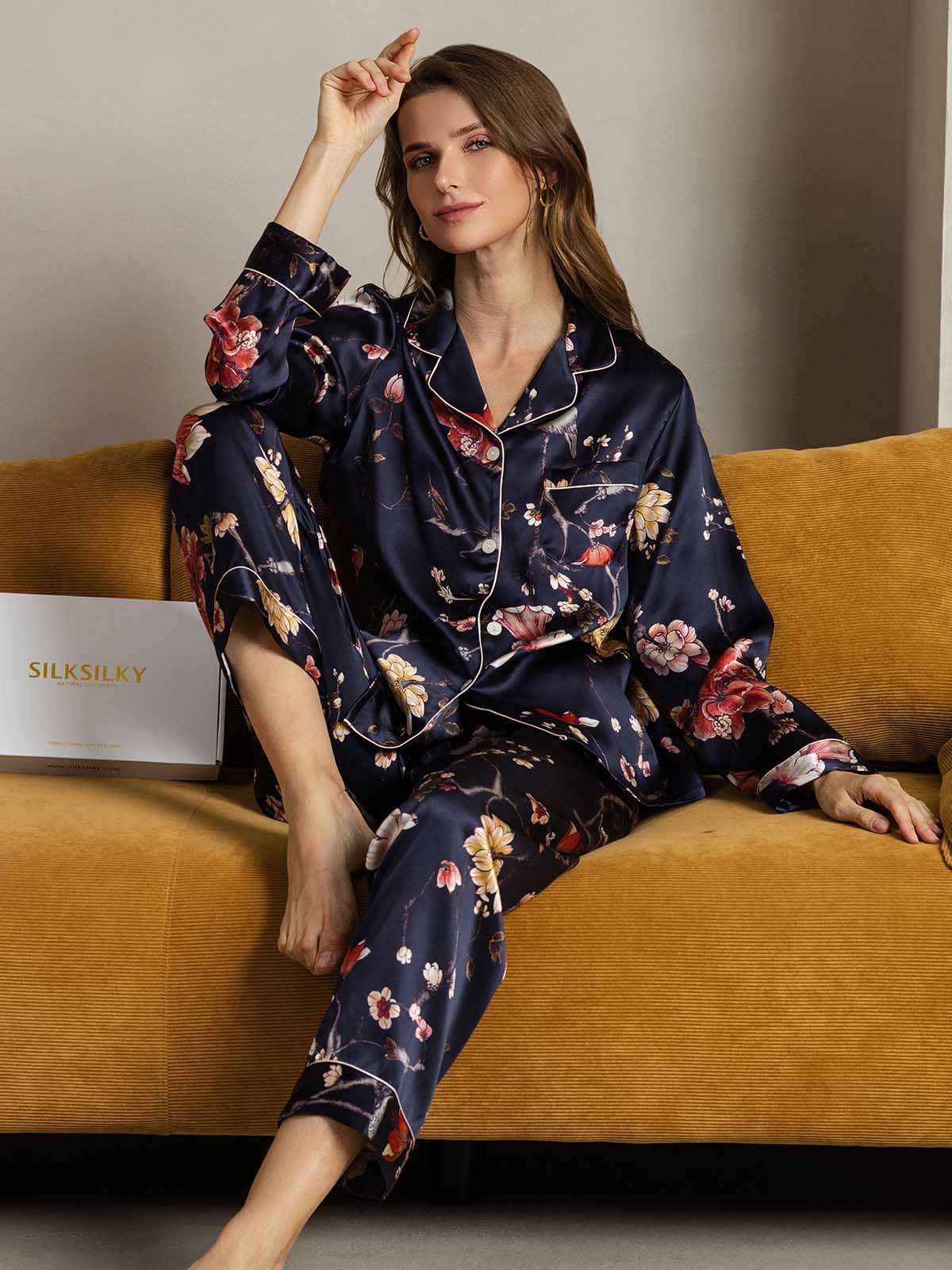 [Navy Floral] SilkSilky  Pure Silk Womens Pajamas 003