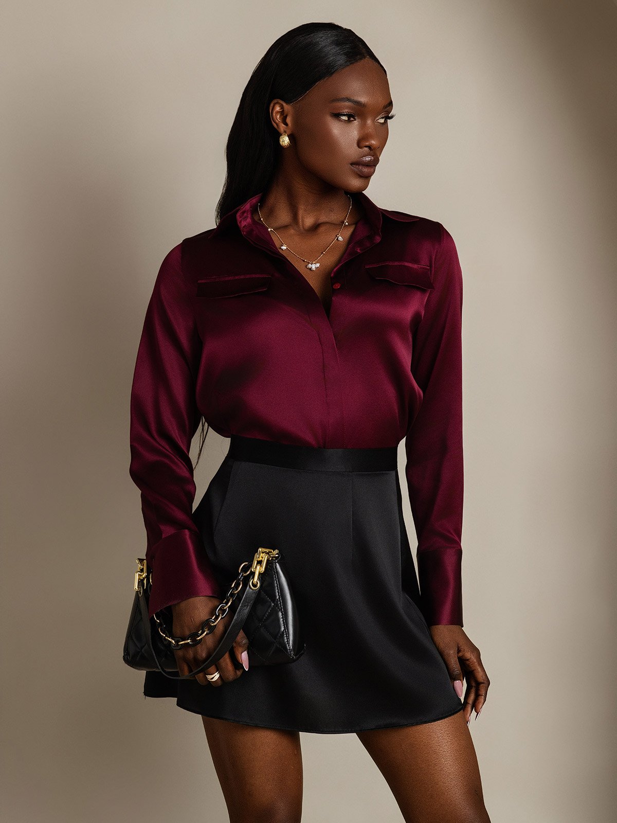 SilkSilky 19Momme Silk Long Sleeve Collar Women's Shirt DarkRed 001