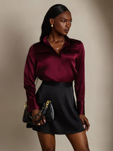 [Dark Red] SilkSilky  Long Sleeve Lapel Collar Women's Shirt 001