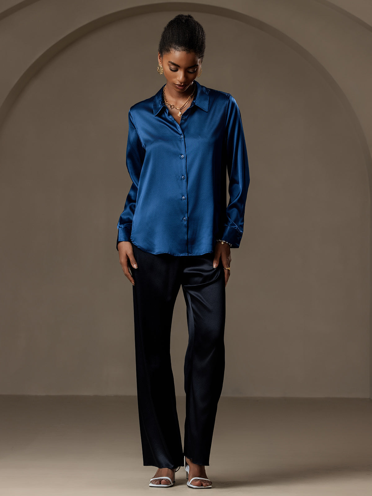 [Teal] SilkSilky  Silk Lapel Collar Women's Shirt 006
